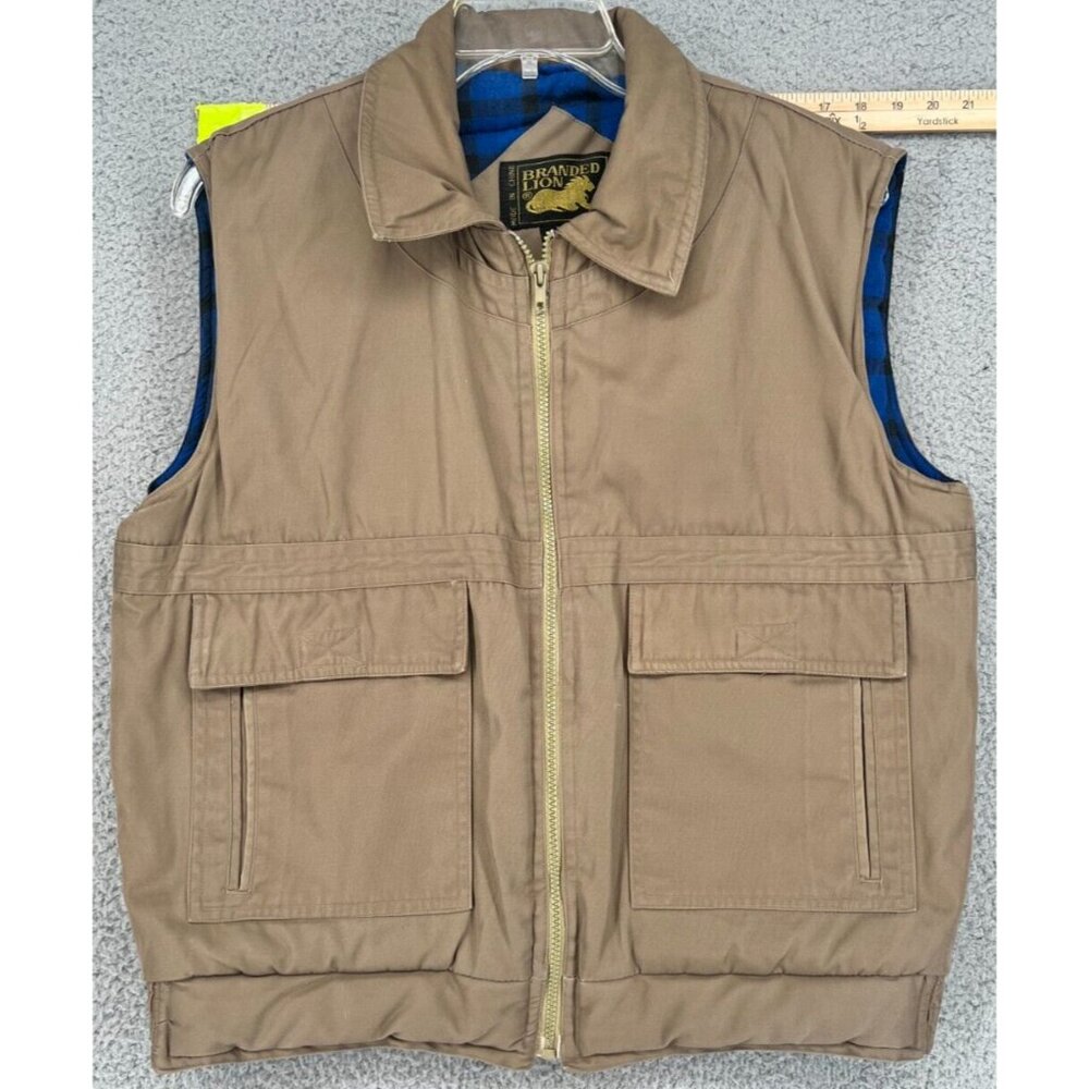 VTG Branded Lion Men's Brown Vest Pockets Insulated Blue Plaid Liners Size L